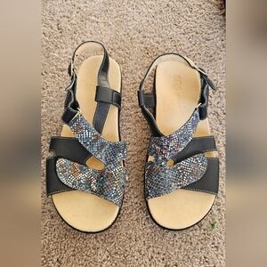 SAS Women's Black and Multicolor Snake Print Sandals, Size 10M